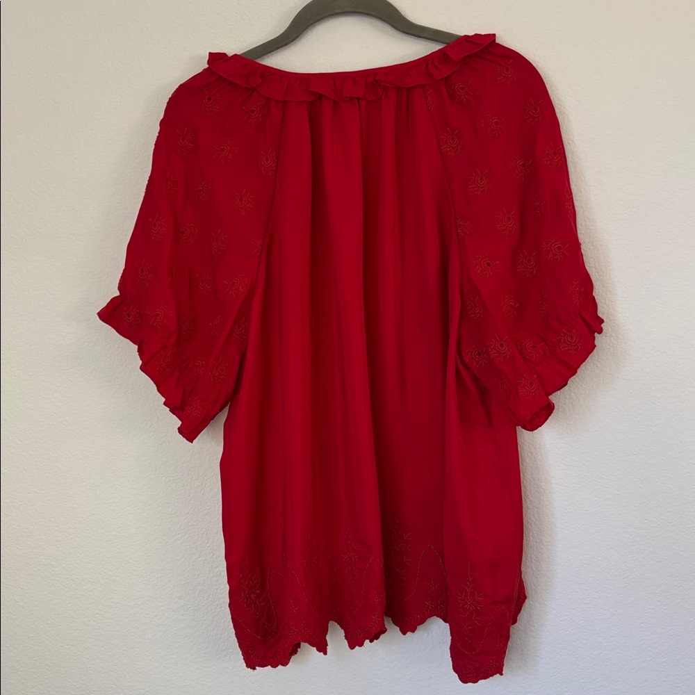 THE GREAT. Vibrant Red Silk Embroidered Floral Design Peasant Short Sleeve Top - Picture 3 of 12